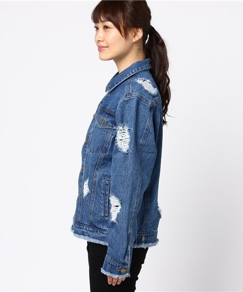 PUNYUS（プニュズ）の「クラッシュデニムジャケット（デニムジャケット・レディース・ライトインディゴブルー/インディゴブルー・3/2/1/4）」の4枚目の写真