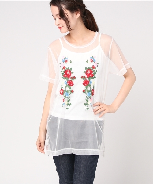 WEGO(ウィゴー)の「WEGO/チュール刺繍レイヤードビッグシルエットTシャツ(Tシャツ/カットソー・レディース・オフホワイト/ブラック・FREE)」の8枚目の写真