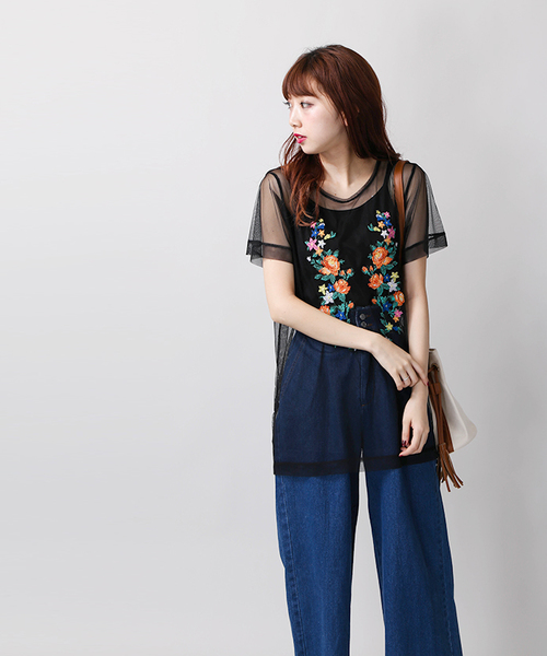 WEGO(ウィゴー)の「WEGO/チュール刺繍レイヤードビッグシルエットTシャツ(Tシャツ/カットソー・レディース・オフホワイト/ブラック・FREE)」の20枚目の写真