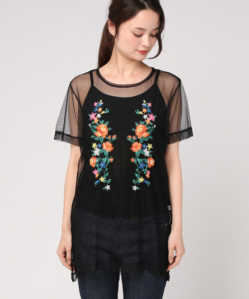 WEGO(ウィゴー)の「WEGO/チュール刺繍レイヤードビッグシルエットTシャツ(Tシャツ/カットソー・レディース・オフホワイト/ブラック・FREE)」の12枚目の写真