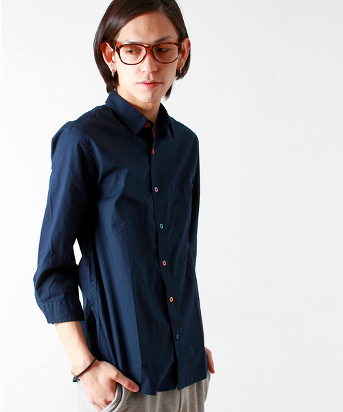 WEGO（ウィゴー）の「WEGO/カラフルボタン7分袖シャツ（シャツ/ブラウス・メンズ・ホワイト/ネイビー/イエロー/オレンジ/ライトピンク/ターコイズブルー/ワイン/グリーン・LARGE/MEDIUM/SMALL）」の3枚目の写真