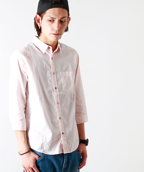 WEGO（ウィゴー）の「WEGO/カラフルボタン7分袖シャツ（シャツ/ブラウス・メンズ・ホワイト/ネイビー/イエロー/オレンジ/ライトピンク/ターコイズブルー/ワイン/グリーン・LARGE/MEDIUM/SMALL）」の6枚目の写真