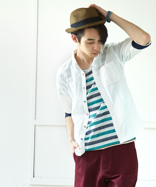 WEGO（ウィゴー）の「WEGO/カラフルボタン7分袖シャツ（シャツ/ブラウス・メンズ・ホワイト/ネイビー/イエロー/オレンジ/ライトピンク/ターコイズブルー/ワイン/グリーン・LARGE/MEDIUM/SMALL）」の2枚目の写真