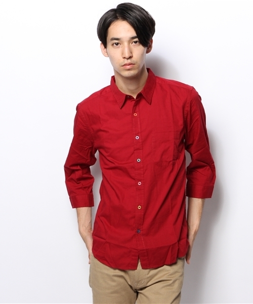 WEGO（ウィゴー）の「WEGO/カラフルボタン7分袖シャツ（シャツ/ブラウス・メンズ・ホワイト/ネイビー/イエロー/オレンジ/ライトピンク/ターコイズブルー/ワイン/グリーン・LARGE/MEDIUM/SMALL）」の7枚目の写真