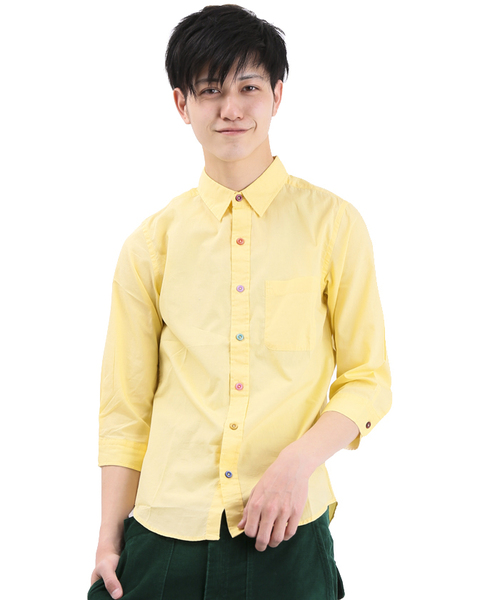 WEGO（ウィゴー）の「WEGO/カラフルボタン7分袖シャツ（シャツ/ブラウス・メンズ・ホワイト/ネイビー/イエロー/オレンジ/ライトピンク/ターコイズブルー/ワイン/グリーン・LARGE/MEDIUM/SMALL）」の5枚目の写真