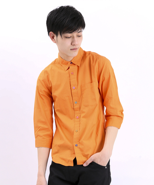 WEGO（ウィゴー）の「WEGO/カラフルボタン7分袖シャツ（シャツ/ブラウス・メンズ・ホワイト/ネイビー/イエロー/オレンジ/ライトピンク/ターコイズブルー/ワイン/グリーン・LARGE/MEDIUM/SMALL）」の8枚目の写真