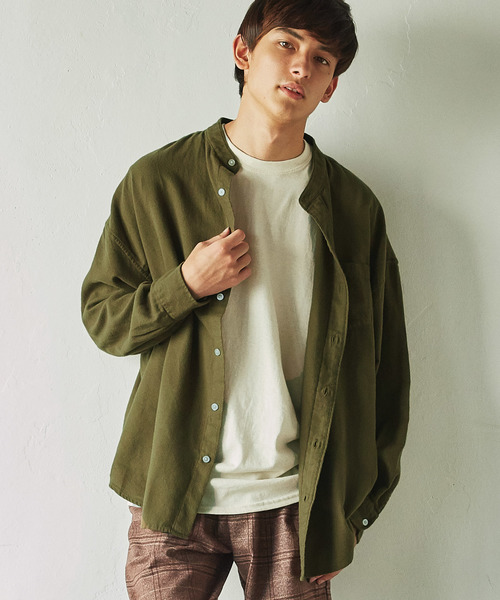 Rocky Monroe(ロッキーモンロー)の「コットンフランネルビッグバンドカラー ネルシャツ(シャツ/ブラウス)」|カーキ