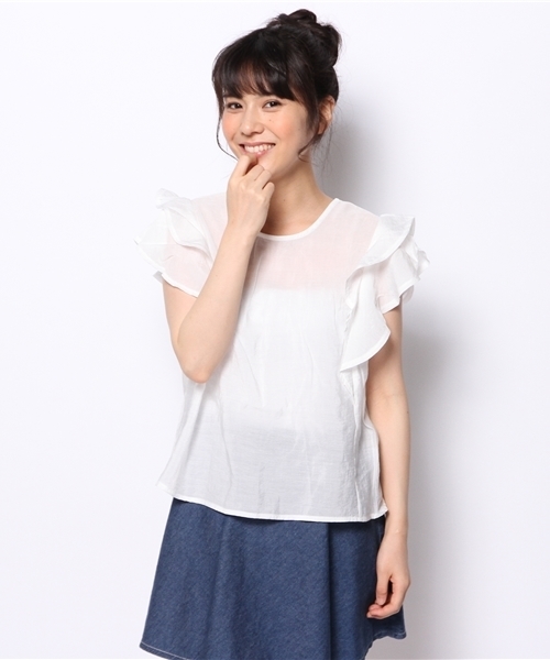 mystic(ミスティック)の「肩フリルパフスリーブプルオーバー(シャツ/ブラウス・レディース・グリーン/ブラック/ベージュ/オフホワイト/ピンク・フリ-)」の2枚目の写真