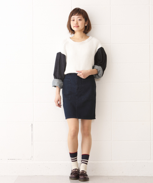 Kastane（カスタネ）の「【Kastane】デニム袖ニットプルオーバー（ニット/セーター・レディース・ホワイト/ブラック/グレー・FREE）」の6枚目の写真