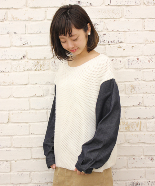Kastane（カスタネ）の「【Kastane】デニム袖ニットプルオーバー（ニット/セーター・レディース・ホワイト/ブラック/グレー・FREE）」の10枚目の写真