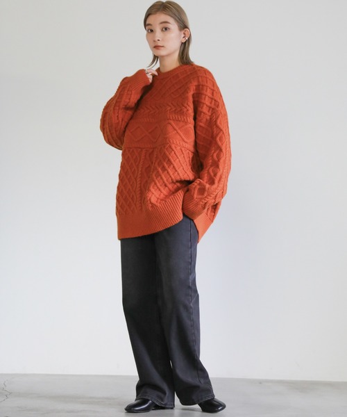 select MOCA(セレクトモカ)の「ランダムケーブルオーバーニット(ニット/セーター・レディース・ベージュ/オリーブ/アイボリー/ダークラベンダー/ネイビー/オレンジ/チャコール/グリーン・FREE)」の17枚目の写真