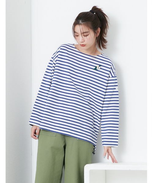 POU DOU DOU(プードゥドゥ)の「ボーダーボートネックトップス(Tシャツ/カットソー・レディース・ネイビー/オレンジ/ブルー・3)」の8枚目の写真