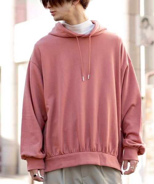 Beno（ビーノ）の「ライト裏毛 サイドジップ スリット バルーンスリーブ ルーズシルエット プルオーバー パーカー フーディー（パーカー・メンズ・アイボリー/ライトグリーン/コーラルピンク/ブラック/ピンクベージュ/ラベンダー・M/L）」の2枚目の写真