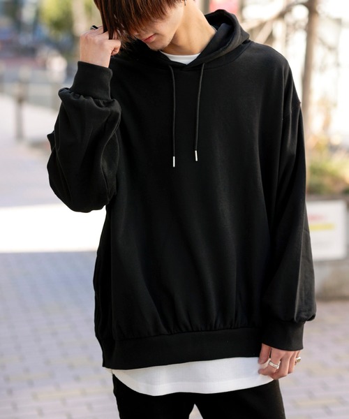 Beno（ビーノ）の「ライト裏毛 サイドジップ スリット バルーンスリーブ ルーズシルエット プルオーバー パーカー フーディー（パーカー・メンズ・アイボリー/ライトグリーン/コーラルピンク/ブラック/ピンクベージュ/ラベンダー・M/L）」の4枚目の写真