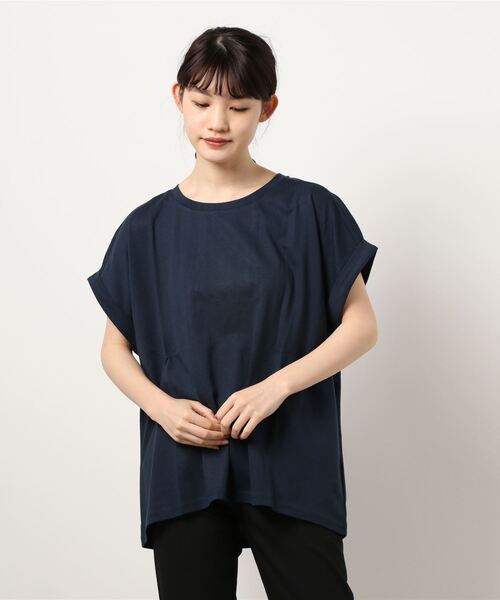 JEANS MATE(ジーンズメイト)の「袖ロールカフラウンドヘムTシャツ 汗染み防止加工素材 前後差 ビッグシルエット/オーバーサイズ(Tシャツ/カットソー・レディース・ホワイト/ブラック/ネイビー/ブラウン/カーキ/サックスブルー/ブルー/ライトグリーン/ピンク系その他/ライトベージュ・MEDIUM/LARGE)」の8枚目の写真