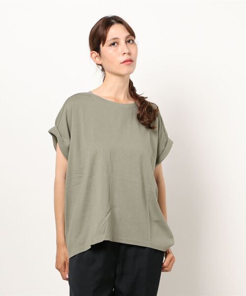 JEANS MATE(ジーンズメイト)の「袖ロールカフラウンドヘムTシャツ 汗染み防止加工素材 前後差 ビッグシルエット/オーバーサイズ(Tシャツ/カットソー・レディース・ホワイト/ブラック/ネイビー/ブラウン/カーキ/サックスブルー/ブルー/ライトグリーン/ピンク系その他/ライトベージュ・MEDIUM/LARGE)」の6枚目の写真