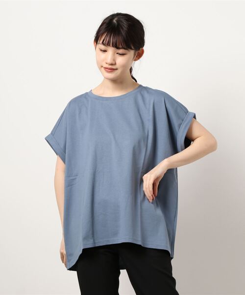 JEANS MATE(ジーンズメイト)の「袖ロールカフラウンドヘムTシャツ 汗染み防止加工素材 前後差 ビッグシルエット/オーバーサイズ(Tシャツ/カットソー・レディース・ホワイト/ブラック/ネイビー/ブラウン/カーキ/サックスブルー/ブルー/ライトグリーン/ピンク系その他/ライトベージュ・MEDIUM/LARGE)」の9枚目の写真