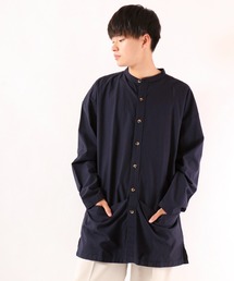 【garsonwave】ビッグシルエットツイルヒッコリーバンドカラーガーデニングロングシャツ
