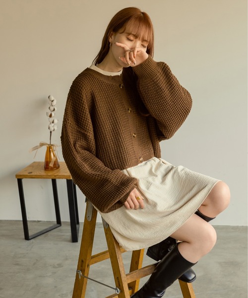 Ambre Neige(アンブルネージュ)の「ワッフルショートカーディガン/【WEB/EC限定商品】(カーディガン/ボレロ・レディース・アイボリー/ベージュ/ダークブラウン・FREE)」の2枚目の写真