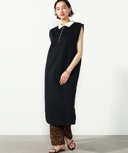 Rie Miller(リエミラー)の「2WAYポロ衿ダンボールニットノースリーブワンピース(ワンピース・レディース・ブラック/ベージュ・38)」の3枚目の写真