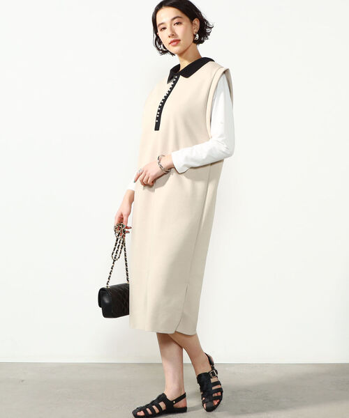Rie Miller(リエミラー)の「2WAYポロ衿ダンボールニットノースリーブワンピース(ワンピース・レディース・ブラック/ベージュ・38)」の11枚目の写真