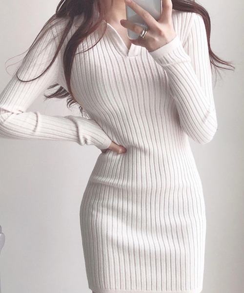 襟付きvネック タイトリブワンピース ワンピース Gossip ロサンゼルス ゴシップロサンゼルス のファッション通販 Zozotown