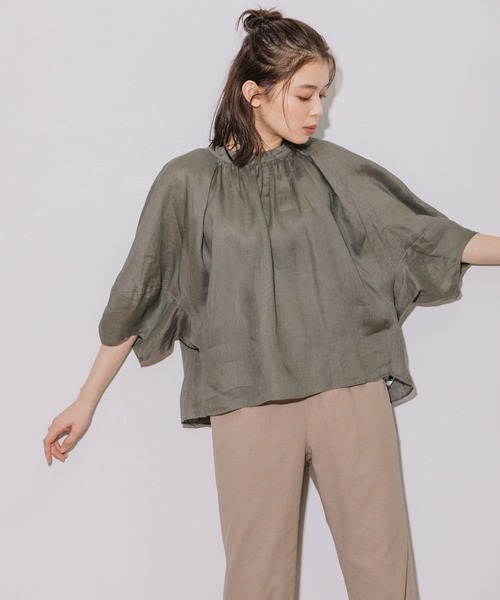 Munich(ミューニック)の「60sライトフレンチリネンギャザーブラウス(シャツ/ブラウス・レディース・ブラック/カーキ/ライトグリーン/グレイッシュベージュ・FREE)」の4枚目の写真