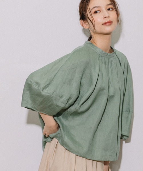 Munich(ミューニック)の「60sライトフレンチリネンギャザーブラウス(シャツ/ブラウス・レディース・ブラック/カーキ/ライトグリーン/グレイッシュベージュ・FREE)」の1枚目の写真