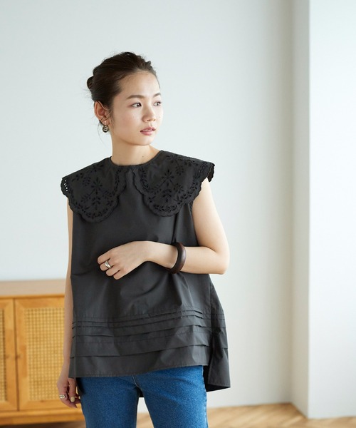 刺繍襟付デザインノースリーブラウス