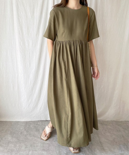 ング リネン ワンピース レディース ベージュX JUNOAH（ジュノア）の「リネン混半袖マキシ丈ワンピース