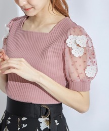 tocco closet（トッコ　クローゼット）の「フラワーレース装飾ドットシアースリーブ切り替えリブカットプルオーバー（Tシャツ/カットソー・レディース）」