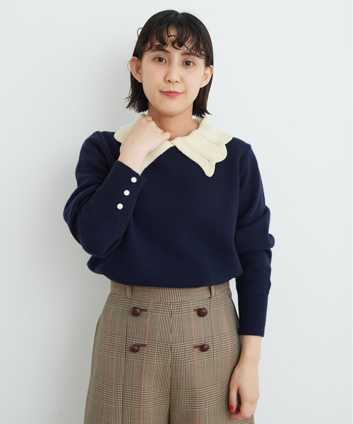 Dot&Stripes CHILD WOMAN(ドットアンドストライプス チャイルドウーマン)の「フレンチメリノ バイカラー衿付きプルオーバー(ニット/セーター・レディース・アイボリー/レッド/ネイビー・FREE)」の4枚目の写真