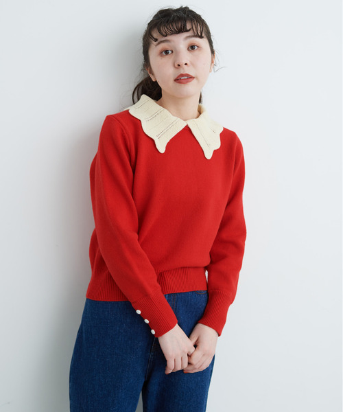 Dot&Stripes CHILD WOMAN(ドットアンドストライプス チャイルドウーマン)の「フレンチメリノ バイカラー衿付きプルオーバー(ニット/セーター・レディース・アイボリー/レッド/ネイビー・FREE)」の15枚目の写真