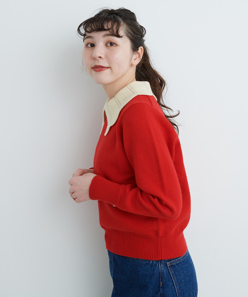 Dot&Stripes CHILD WOMAN(ドットアンドストライプス チャイルドウーマン)の「フレンチメリノ バイカラー衿付きプルオーバー(ニット/セーター・レディース・アイボリー/レッド/ネイビー・FREE)」の16枚目の写真