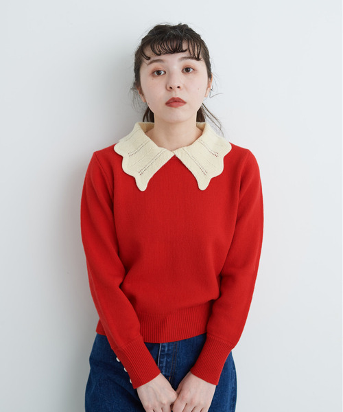 Dot&Stripes CHILD WOMAN(ドットアンドストライプス チャイルドウーマン)の「フレンチメリノ バイカラー衿付きプルオーバー(ニット/セーター・レディース・アイボリー/レッド/ネイビー・FREE)」の19枚目の写真