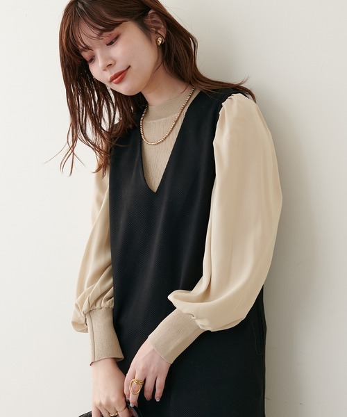 natural couture（ナチュラルクチュール）の「異素材ボリューム袖リブニット（ニット/セーター・レディース・ベージュ/ボルドー/ブラック/ミント/アイボリー・FREE）」の3枚目の写真