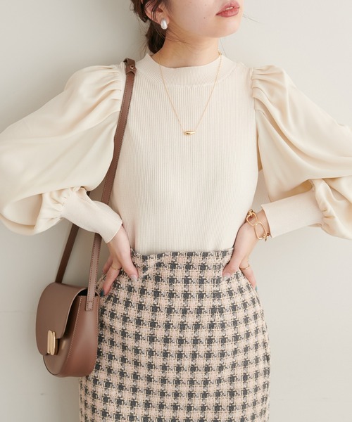 natural couture（ナチュラルクチュール）の「異素材ボリューム袖リブニット（ニット/セーター・レディース・ベージュ/ボルドー/ブラック/ミント/アイボリー・FREE）」の2枚目の写真