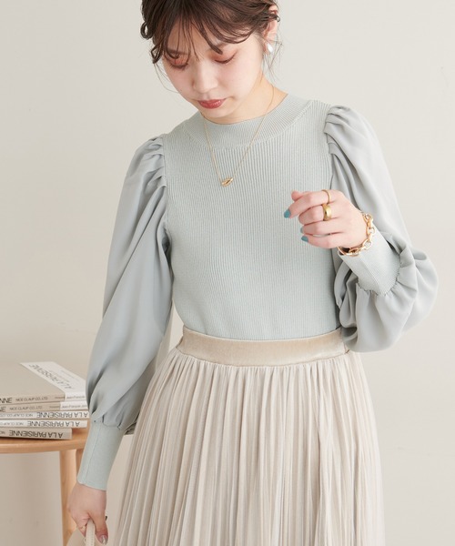 natural couture（ナチュラルクチュール）の「異素材ボリューム袖リブニット（ニット/セーター・レディース・ベージュ/ボルドー/ブラック/ミント/アイボリー・FREE）」の4枚目の写真