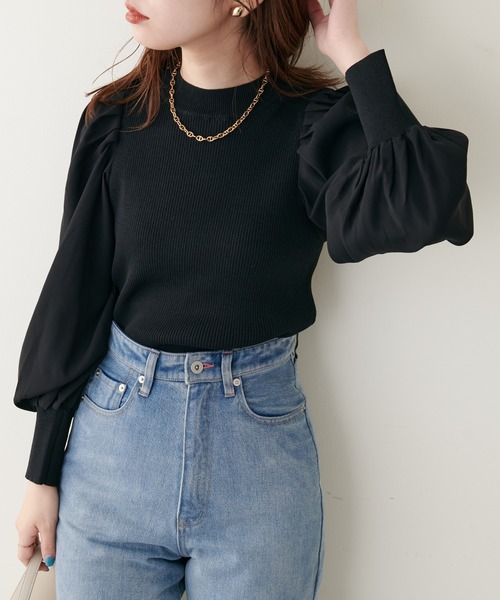 natural couture（ナチュラルクチュール）の「異素材ボリューム袖リブニット（ニット/セーター・レディース・ベージュ/ボルドー/ブラック/ミント/アイボリー・FREE）」の9枚目の写真