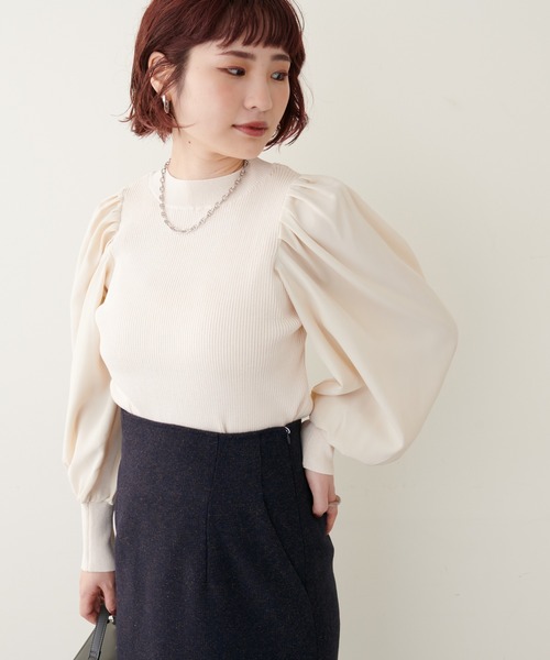 natural couture（ナチュラルクチュール）の「異素材ボリューム袖リブニット（ニット/セーター・レディース・ベージュ/ボルドー/ブラック/ミント/アイボリー・FREE）」の6枚目の写真