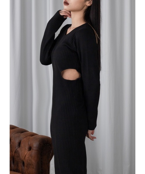 Adoon plain（アドーンプレーン）の「ウエストカットニットワンピース（ワンピース・レディース・ブラック・FREE）」の5枚目の写真