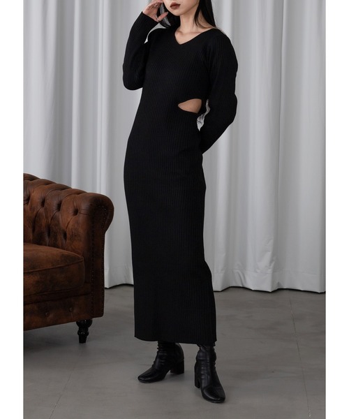 Adoon plain（アドーンプレーン）の「ウエストカットニットワンピース（ワンピース・レディース・ブラック・FREE）」の2枚目の写真