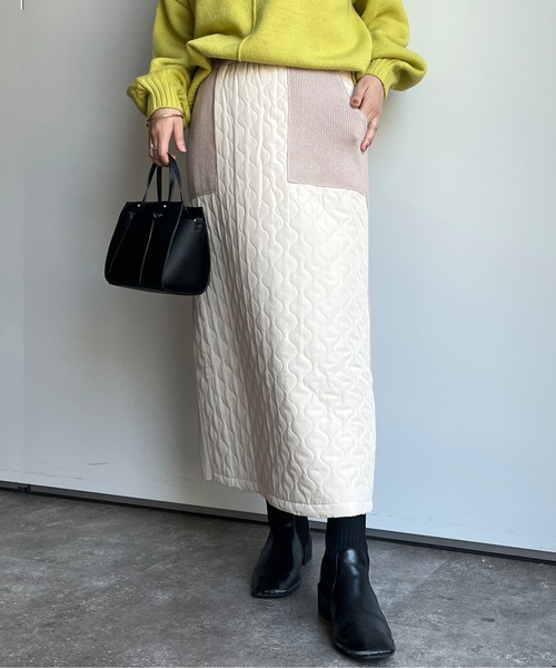 Chez toi(シェトワ)の「キルティング×リブニット切替スカート(スカート・レディース・ブラウン/ブラック/ライトベージュ・FREE)」の3枚目の写真
