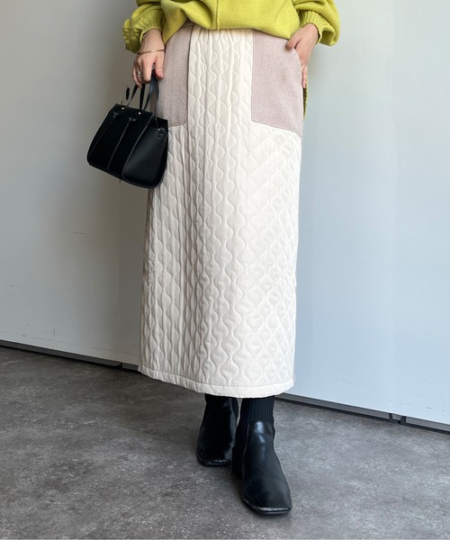 Chez toi(シェトワ)の「キルティング×リブニット切替スカート(スカート・レディース・ブラウン/ブラック/ライトベージュ・FREE)」の8枚目の写真