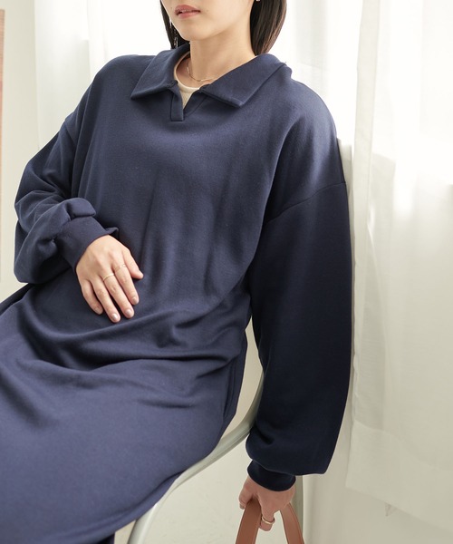 ECRIRE（エクリール）の「裏起毛スキッパーワンピース（ワンピース・レディース・グレー/ベージュ/ネイビー・M）」の3枚目の写真