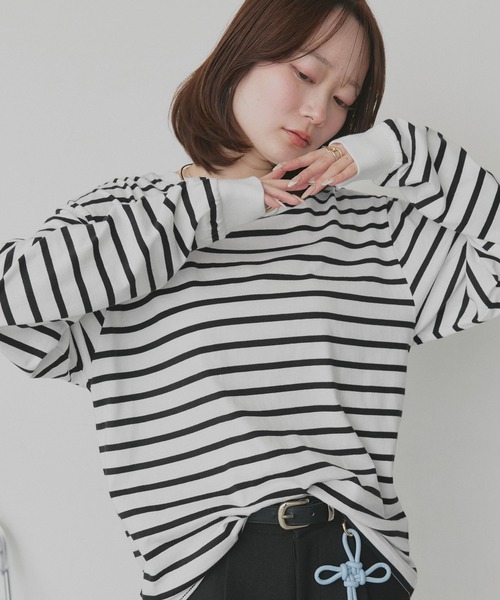 ad thie(アドティエ)の「シンプル 長袖Tシャツ(Tシャツ/カットソー・レディース・ライトカーキ/ベージュ/グレー/グリーン/ブラウン/ボルドー/ライトグレー/サックスブルー/パープル/杢グレー/ライトピンク/ブラック/オフホワイト/ブルー系/ブラック系/ホワイト系/チャコール/ピンク/レッド/ネイビー・FREE)」の3枚目の写真