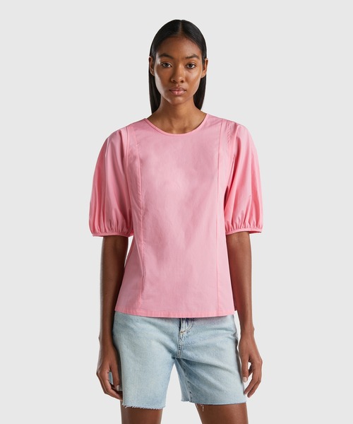 BENETTON (UNITED COLORS OF BENETTON)（ベネトンユナイテッドカラーズオブベネトン）の「5分袖パフスリーブクルーネックブラウス（シャツ/ブラウス・レディース・ネイビー/ホワイト/ピンク・LARGE/MEDIUM/SMALL/X-SMALL）」の3枚目の写真