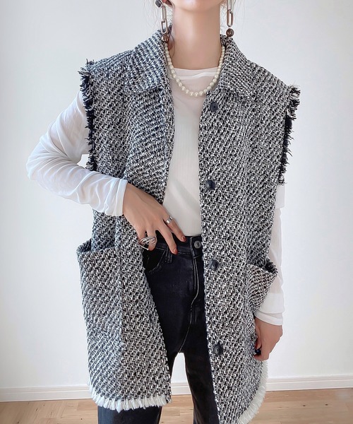 junoah（ジュノア）の「オーバーシルエットツイードベスト（ベスト・レディース・アイボリー/ホワイト×ブラック/ブラック・X-LARGE/LARGE/MEDIUM）」の2枚目の写真