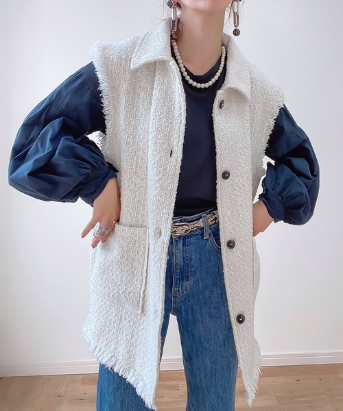junoah（ジュノア）の「オーバーシルエットツイードベスト（ベスト・レディース・アイボリー/ホワイト×ブラック/ブラック・X-LARGE/LARGE/MEDIUM）」の7枚目の写真