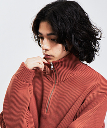 畦編み ハーフジップ ニット プルオーバー
